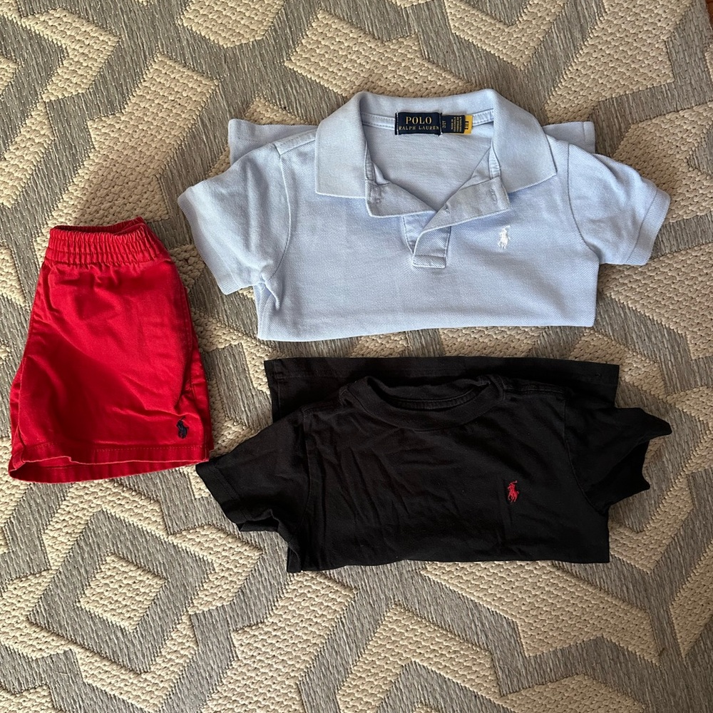 Polo by Ralph Lauren Kids' Light Blue Polo and Black Tee with Red Shorts